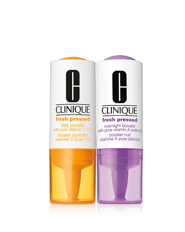 Clinique Fresh Pressed Clinical™ Daily and Overnight Boosters With Pure Vitamins C 10% + A (Retinol), Το πιο &#039;φρέσκο&#039;, πιο ισχυρό μας σύστημα ενισχυσμένης φροντίδας αντιγήρανσης για ημέρα και νύχτα.