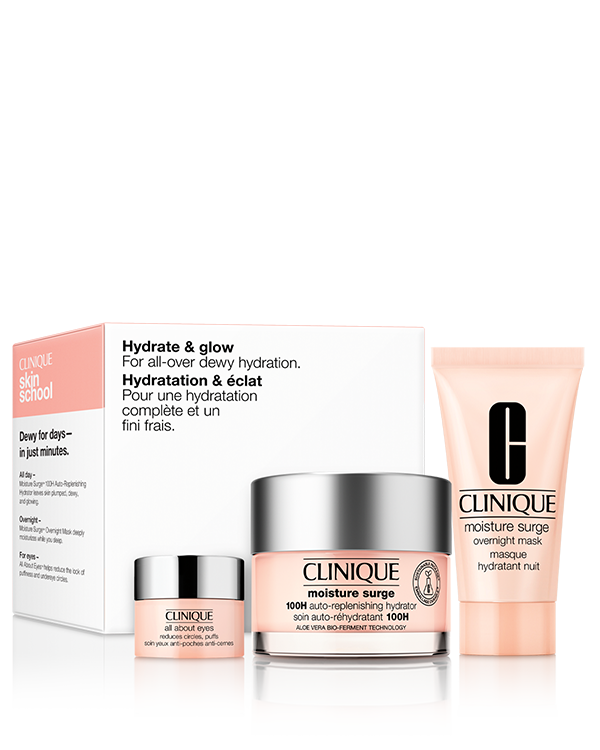 Hydrate &amp; Glow Moisture Surge 100H Hydration Set, 3 αγαπημένα προϊόντα περιποίησης της επιδερμίδας για ολιστική &quot;δροσερή&quot; ενυδάτωση που περιλαμβάνει την αγαπημένη κρέμα Moisture Surge™ 100H σε κανονικό μέγεθος.