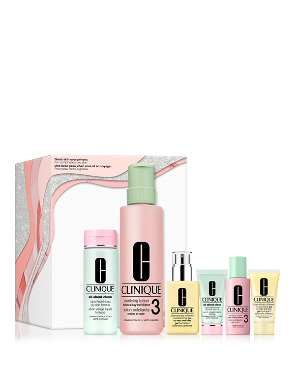 Great Skin Everywhere 3-Step Skincare Set For Oily Skin, Τα τρία βήματα σύμβολο της Clinique για λαμπερή επιδερμίδα - ένα σετ για το σπίτι και ένα για ταξίδια. Ειδικά σχεδιασμένο για λιπαρή επιδερμίδα.