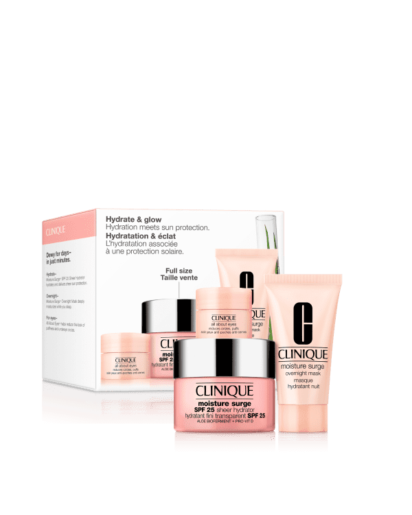 Hydrate + Glow: Moisture Surge Set For Hydration Meets Sun Protection, 3 αγαπημένα προϊόντα περιποίησης για ενυδάτωση, συμπεριλαμβανομένης μίας ενυδατικής κρέμας με SPF 25.