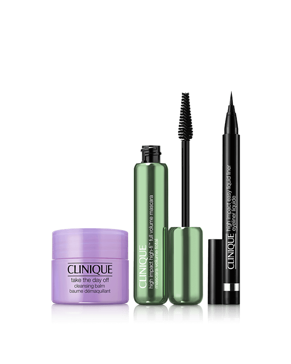 High Impact Hi-Fi Mascara Set, Τρία απαραίτητα προϊόντα μακιγιάζ ματιών. Μάσκαρα &amp; eyeliner για εντυπωσιακό βλέμμα και αγαπημένο προϊόν για εύκολο ντεμακιγιάζ.