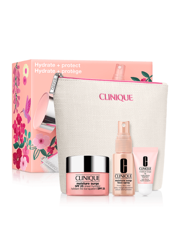 Moisture Surge SPF Value, Η περιποίηση της επιδερμίδας συναντά την αντηλιακή προστασία με αυτό το σετ δώρου της Clinique, που περιλαμβάνει ενυδατική κρέμα με SPF, σπρέι προσώπου και κρέμα ματιών.